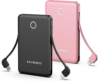 6000mah Ultra Slim Built in Cables Power Bank, Card Size Built in USB C Cords Battery Pack Portable Charger for Phones, 3 Output External Battery Pack Compatible with iPhone, 2-Pack Black & Pink