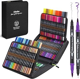 Ohuhu Markers for Adult Coloring Books: 120 Colors Brush Pens Dual Brush Fine Tip Drawing Pens Water-Based Coloring Markers for Calligraphy Bullet Journal with Carrying Case - Maui - Black