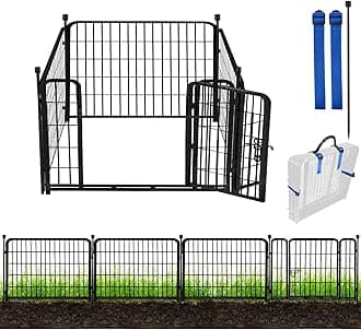 ADAVIN 24 in(H) Garden Fence with Gate, 4 Panels Total 9.8 Ft(L), Heavy Duty Iron Metal Animal Barrier Fence, Camping Fence, No Dig Garden Border Fencing for Yard