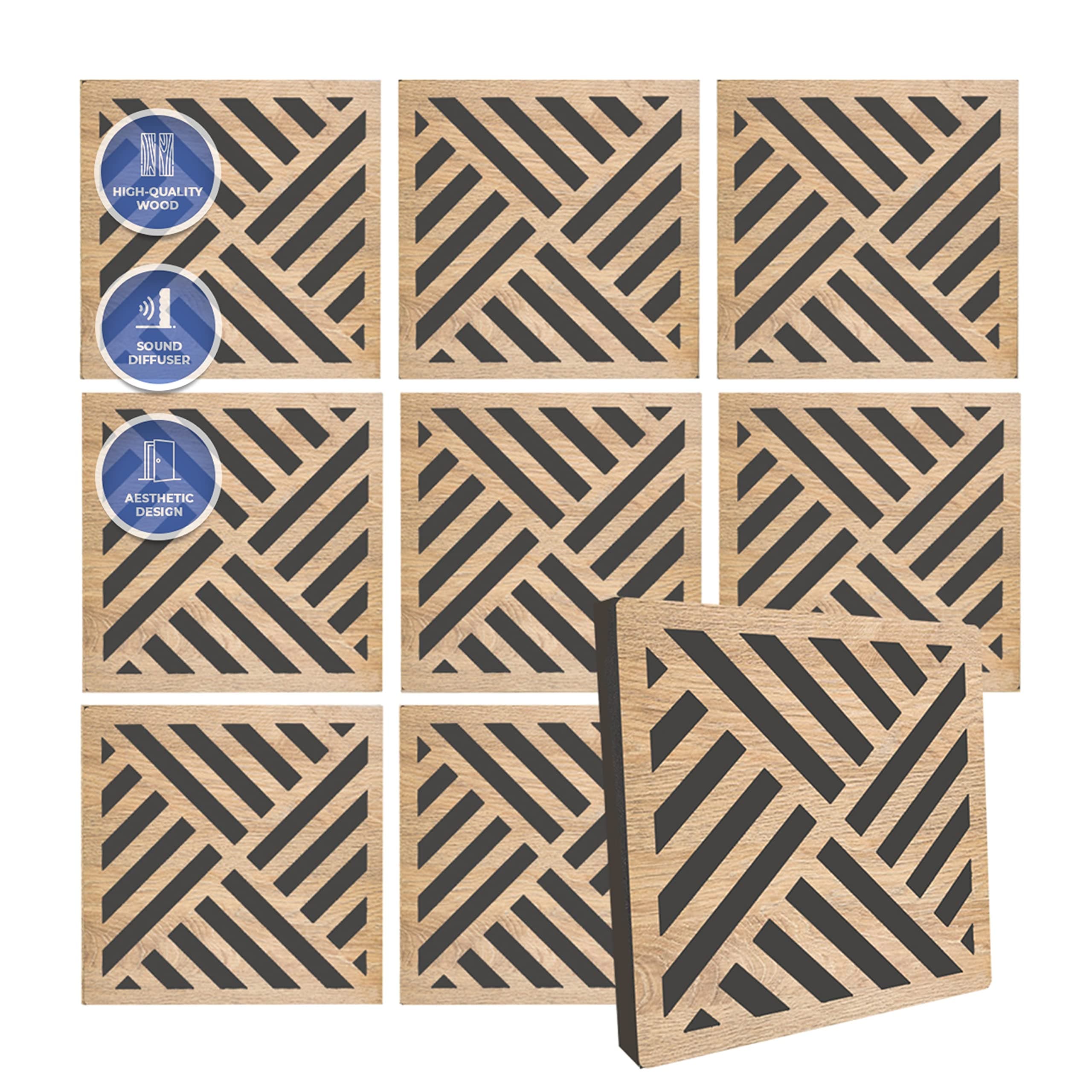 Arrowzoom 8 Diffuse PRO Acoustic Wooden Panel Absorb Sound Reduction Recording Fire Retardant Euroclass E NRC 0.64 up to 5000Hz Scattering Range Diagonal Stripes Design 11.5x11.5x0.4in 1308