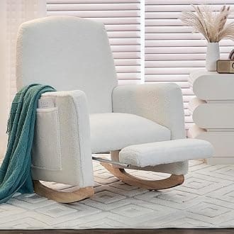 Modern Rocking Chair Nursery, Comfy Glider Nursery Chair with Foot Rest, Upholstered Rocker with Pocket, Accent Reading Armchair with Solid Wood Base for Living Room, Bedroom, Lounge Room (Ivory)