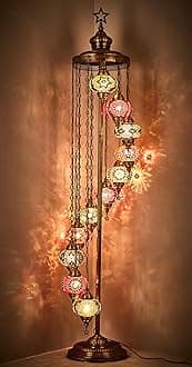 DEMMEX 11 Globe Turkish Moroccan Mosaic Floor Lamp, 7ft Tall - Tiffany Style Standing Decorative Boho Lamp with Colorful Globes for Bedroom, Living Room, Entryway – Handmade in Turkey, Red-Brown