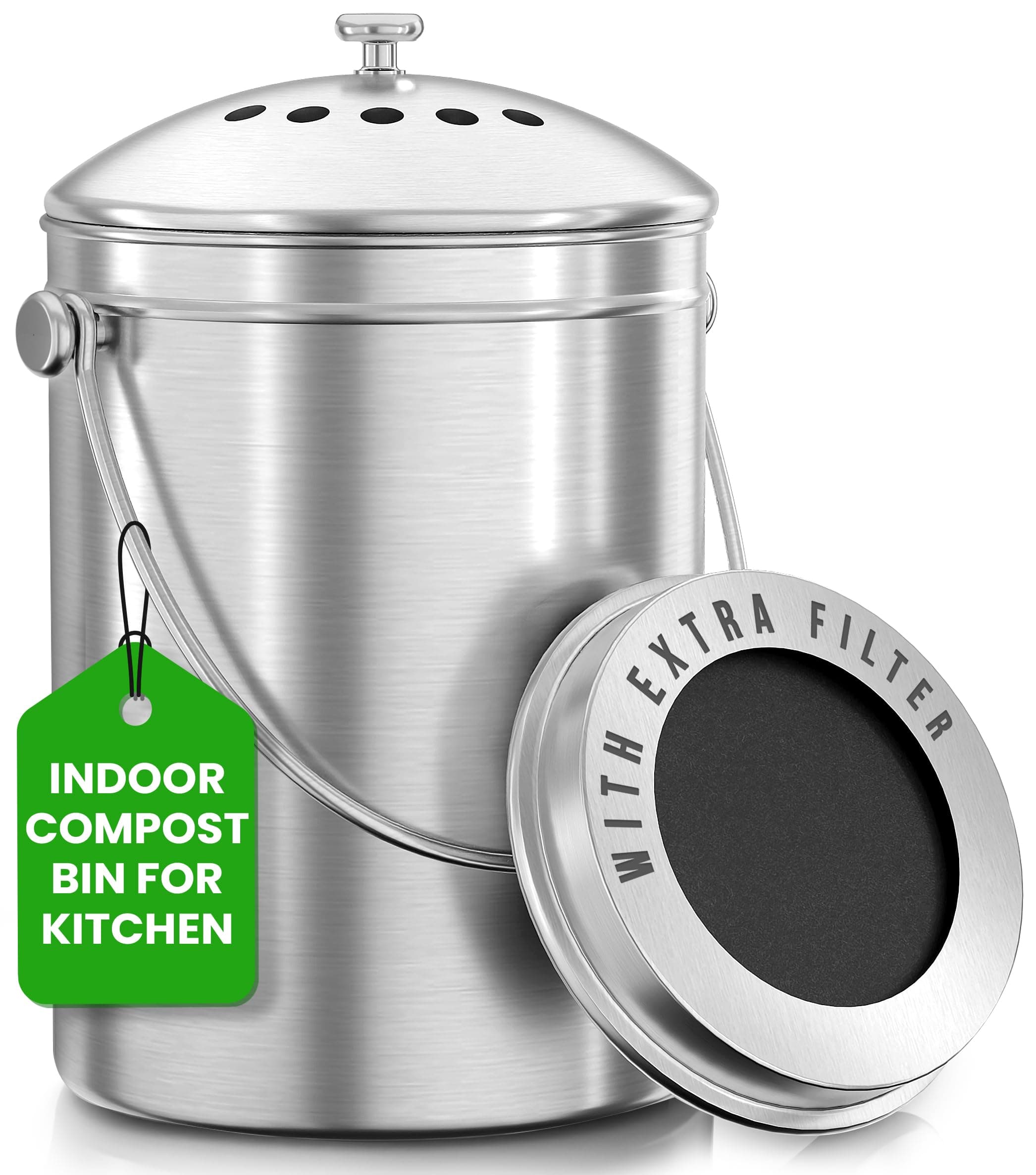 Compost Bin for Kitchen Countertop, 1 Gallon Compost Bucket for Kitchen with Lid, Includes 1 Spare Charcoal Filter (Silver)