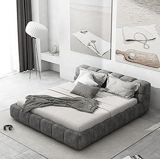 Poppins HOME Modern Fabric Upholstered Bed Frame – Queen/King Size with Grey Square Headboard (No Mattress (Grey, 160X200cm)