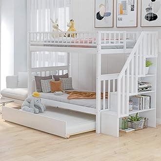 Harper & Bright Designs Twin Over Twin Bunk Bed with Stairs and Trundle, Storage Shelf and Stairway, Solid Wood Bunk Bed Frame with Full-Length Guard Rail for Kids Teens, White