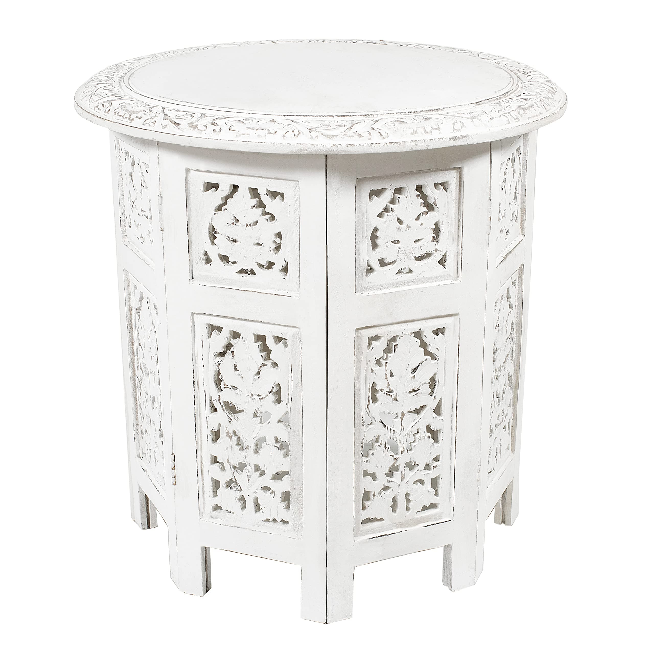 Solid Wood Accent End Table - Hand Carved Vintage Boho Folding Side Table - Small Spaces Entryway Farmhouse Living Room Bedside - No Tools Assembly -18x18 Round - Jaipur Antique White