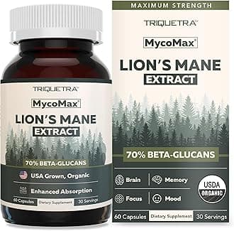 MycoMax Lions Mane Supplement - 70% Beta Glucans, Max Potency Organic Lion’s Mane Extract, US Grown + Ultrasonic Extraction - 500 mg serving - Supports Mental Clarity, Focus and Memory - 60 Capsules