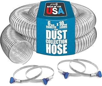 PVC Dust Collection Hose w/4 Thumbscrew Clamps, Puncture Resistant, Carbon Steel Wire, Clear Flexible PVC Dust Collector Hose, Proudly Made in USA (6" x 10')