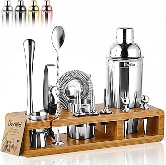 Bartender Kit - Stainless-Steel Cocktail Shaker Set w/Bamboo Stand - Mixology Bar Tools w/Drink Shaker, Mixer Spoon & Muddler for Cocktails - Home Bar Accessories - 23-Pc Bar Set - Silver