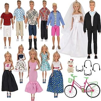 ZTWEDEN 33Pcs Ken & Barbie Doll Clothes & Accessories - 20 Outfits, 4 Shoes, Glasses, Earphones, Dog & Bike