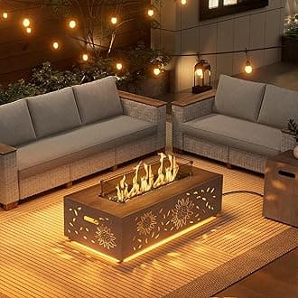 42" Firepit Table for Outside Patio with LED Light Decorative Design 50,000 BTU Includes Wind Guard, Lid, Rocks & Cover - Patio Gas Propane Fire Pit Table (Grey/Sunflower Cutout, 42" LED)