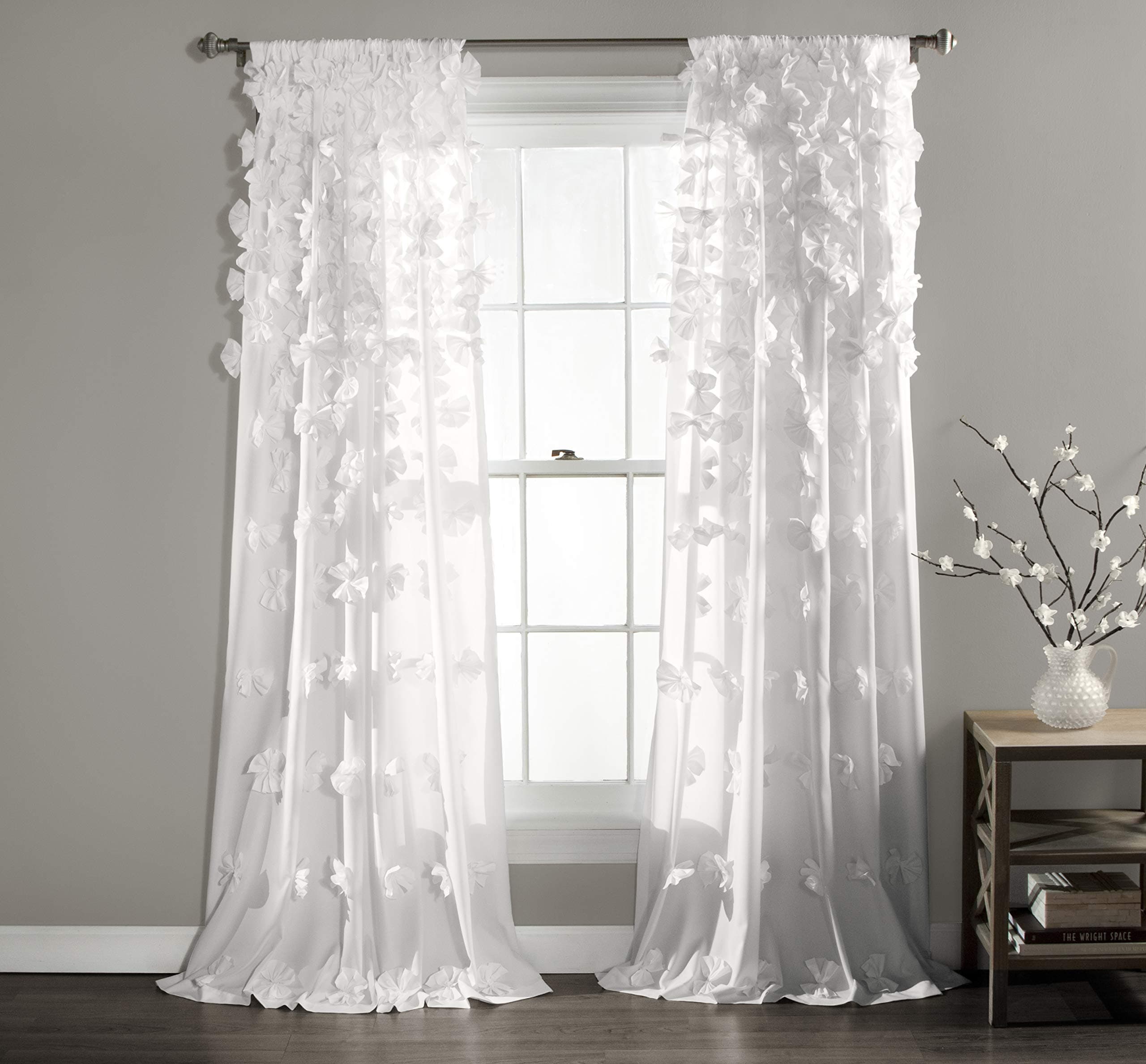 Riley Window Curtain Panel - Charming Handmade Bow Details - Elegant Light Filtering Single Curtain for Living Room, Dining Room, or Bedroom - 54" W x 95" L, White