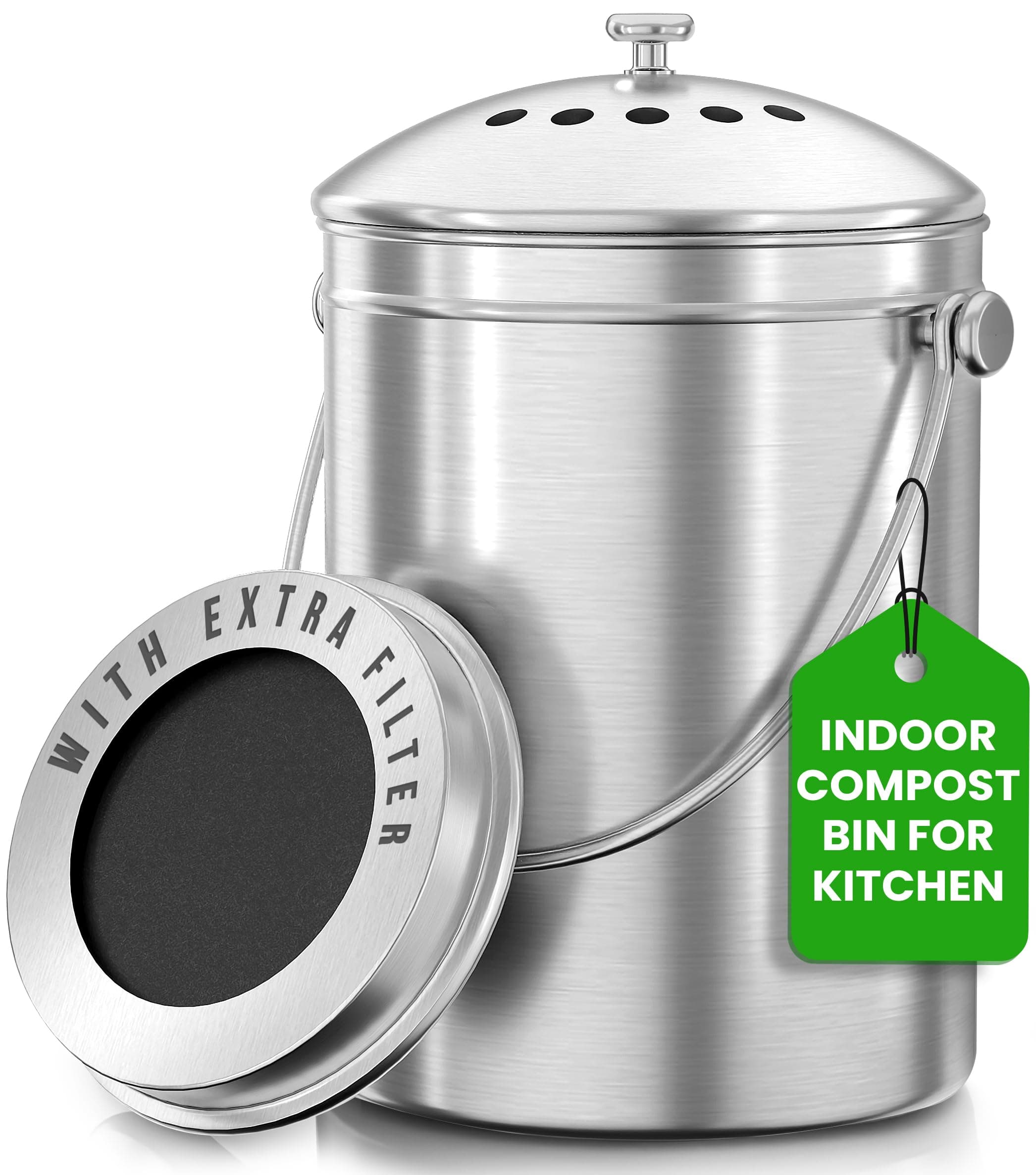 Utopia Kitchen Compost Bin for Kitchen Countertop - 1.3 Gallon Compost Bucket for Kitchen with Lid - Includes 1 Spare Charcoal Filter (Silver)