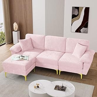 OUYESSIR L Shaped Sectional Sofa Couch, 3 Seat Velvet Sofa with Ottoman and Pillows, Upholstered Comfy Couch Sleeper for Living Room, Bedroom, 91 inches (Pink)