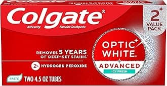 Colgate Optic White Advanced ICY Fresh Toothpaste with 2% Hydrogen Peroxide and Fluoride, 2 Pack, Peppermint and Wintergreen Flavor, Teeth Whitening Toothpaste with Enamel Safe Formula, 4.5 OZ