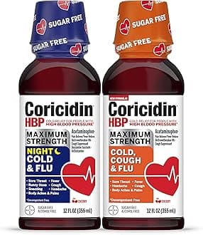Coricidin HBP Maximum Strength Cold & Flu Day & Night Sugar-Free Liquid Twinpack, Decongestant-Free Cold Medicine for Adults with High Blood Pressure -12 Fl Oz (Pack of 2)