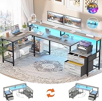 Aheaplus L Shaped Desk with File Drawer, 72.8" Reversible L Shaped Computer Desk with Power Outlet & LED Strip, Gaming Desk with Monitor Stand, Office Desk Corner Desk with Storage Shelf, White Oak