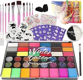 PINTADA 42 Color Face Painting Kit for Kids + 30g Black & White - Non Toxic Water Activated Face paint palette with Stencils, Brushes, Gems - For Halloween Makeup, Carnival, Parties & Cosplay
