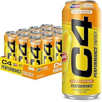 Cellucor C4 Energy Drink x Hawaiian Pineapple Popsicle, Carbonated Sugar Free Pre Workout Performance Drink with no Artificial Colors or Dyes, 16 Oz, Pack of 12