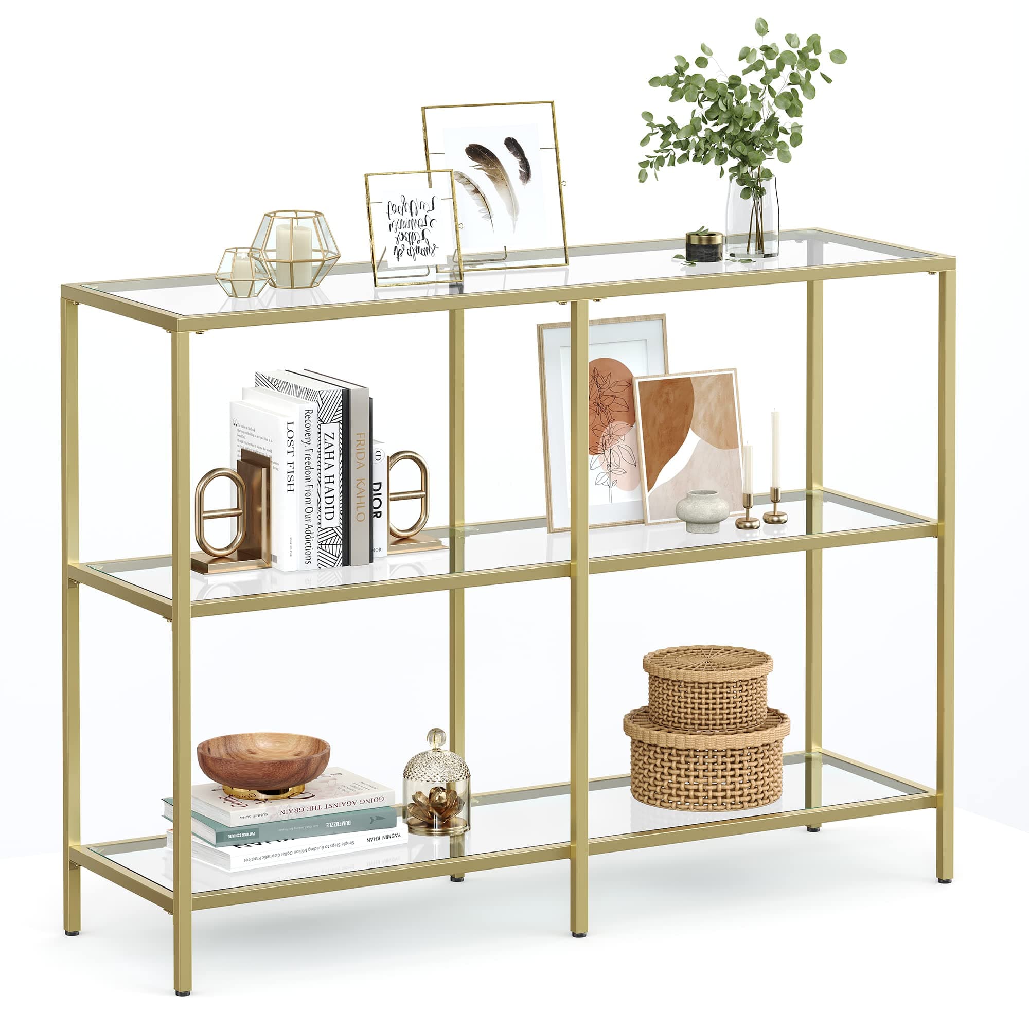VASAGLE 39.4 Inch Console Table with 3 Shelves, Sofa Tables, Modern Entryway Table, Metal Frame, Tempered Glass Shelf, Entryway Living Room Bedroom, Metallic Gold and Transparent ULGT27G