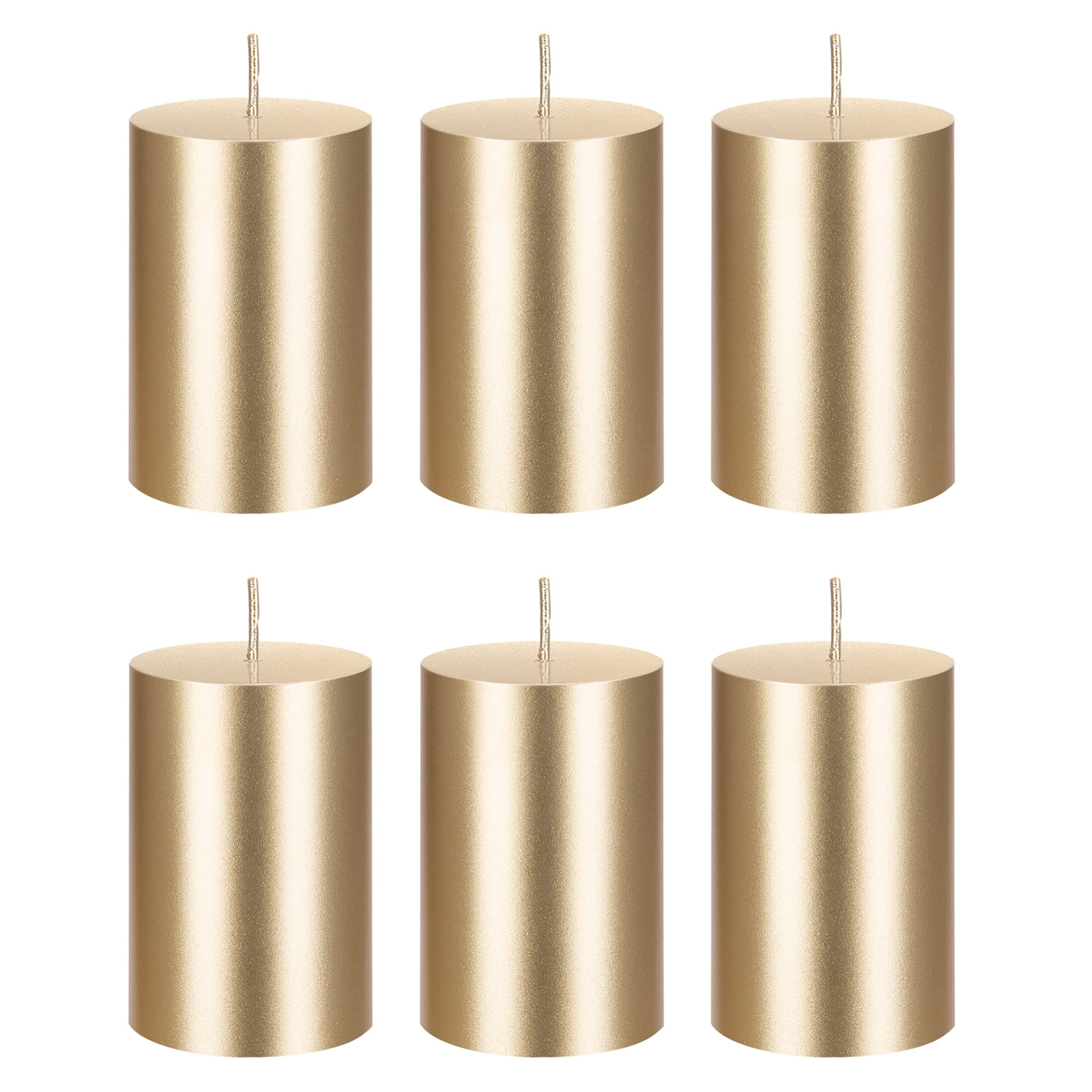 6 pcs Unscented Solid Gold Pillar Candles, Hand Poured Premium Wax Candle 2 Inch x 3 Inch, Home Décor, Spas, Weddings, Occasions, Party, Centerpieces, Holidays, Vigils, Prayers