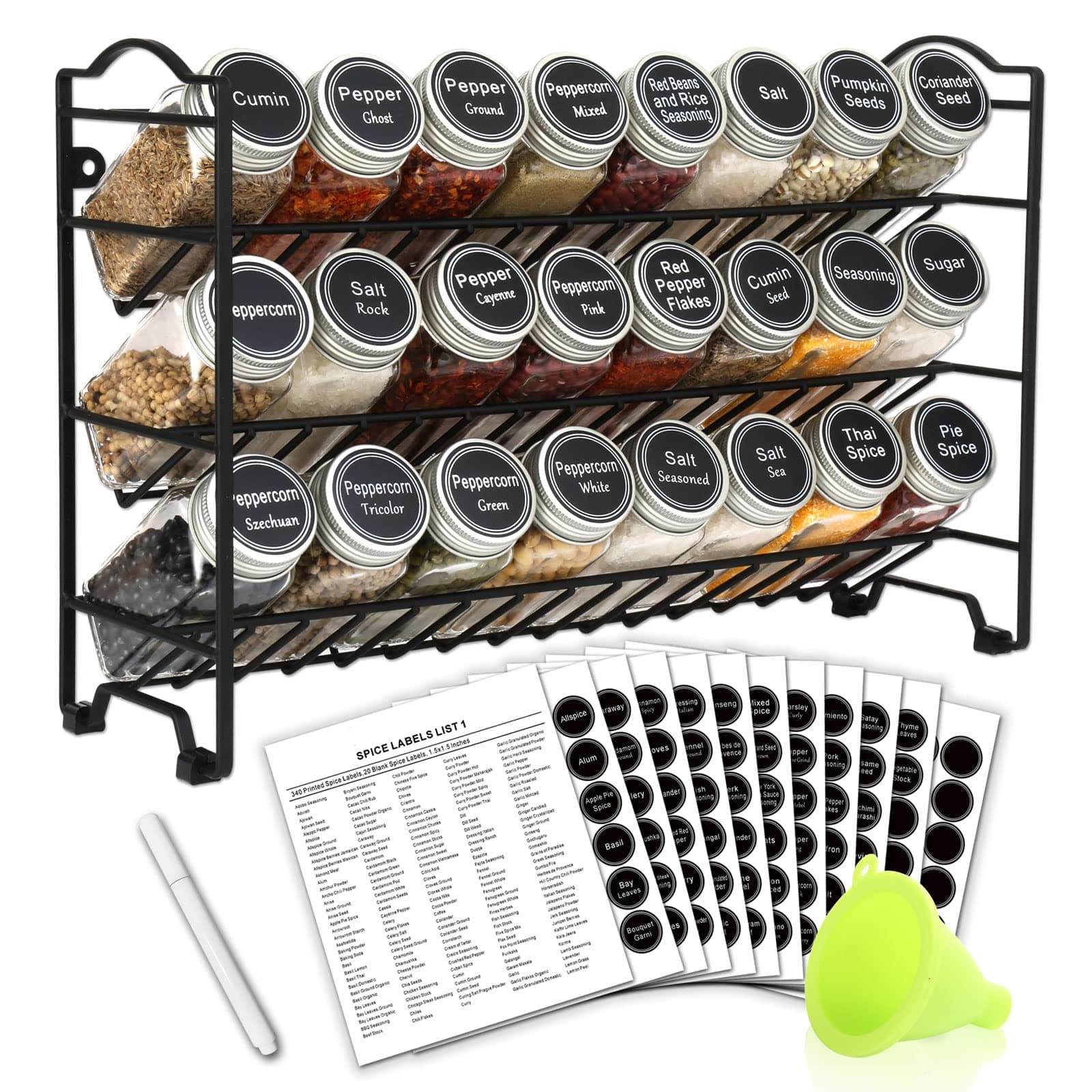 SWOMMOLY Spice Rack with 24 Empty Square Spice Jars