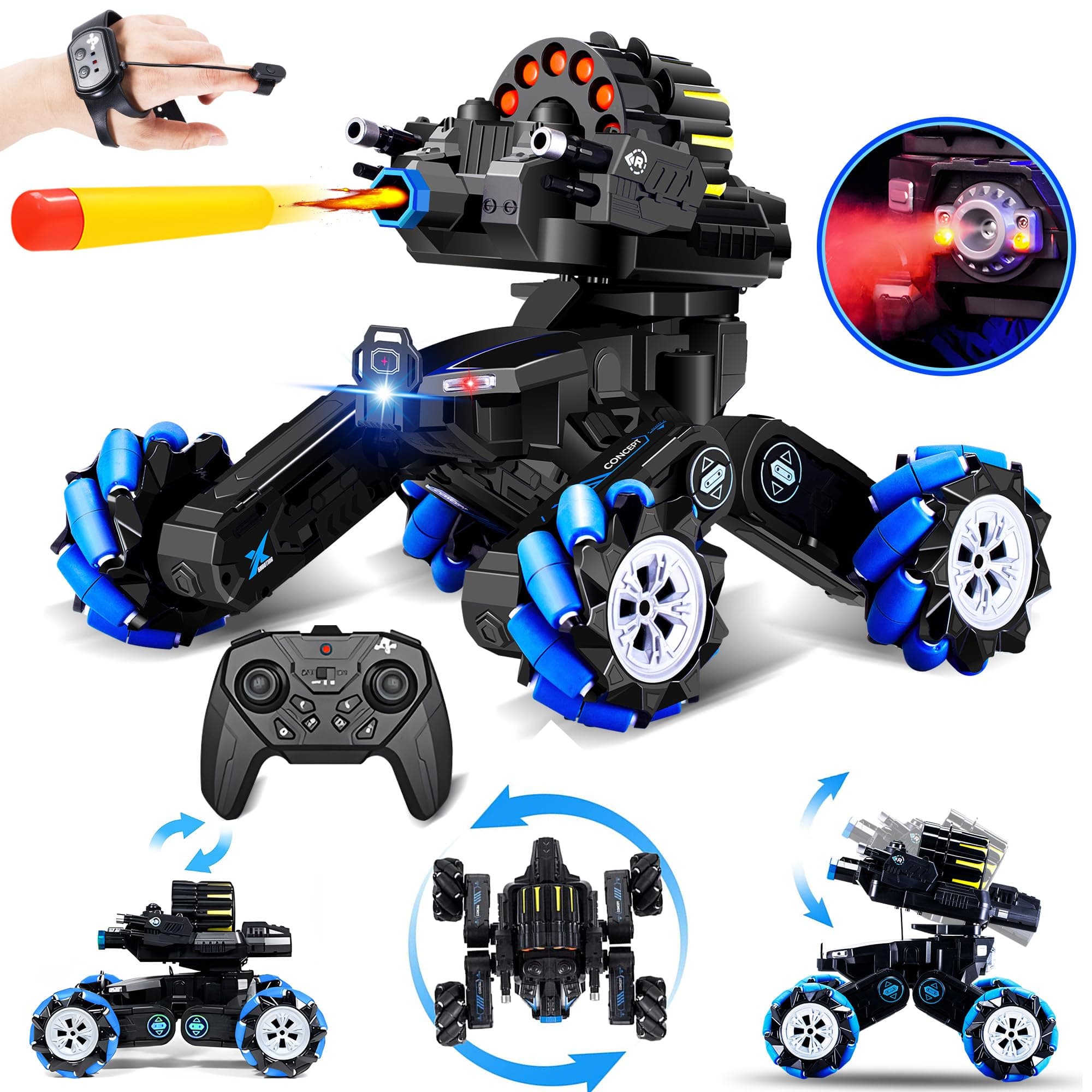 RC Stunt Car, 2.4GHz 4WD Remote Control Gesture Sensor Toy Cars, Double Sided Rotating Off Road Vehicle 360° Flips with Lights Music, Toy Cars for Boys & Girls Birthday (Soft Bullet)