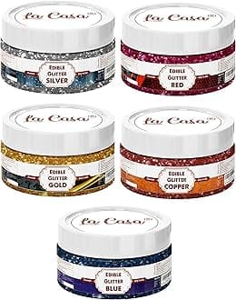 Premium Edible Glitter - SILVER,GOLDEN,RED,BLUE,COPPER | Pack of 5 | Metallic Glitter Ideal for Cake Icing Decoration & Garnishing | 5x9gm |