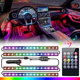 Interior Car Lights, Led Lights Interior 4 Pcs 48 Led Strip Ligh with Remote, Music Sync Color Change RGB Under Dash Lighting with Car Charger 12V 2A LED Lights(RGB)