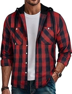 PJ PAUL JONESMen's Flannel Shirt Plaid Hoodie Casual Shirt Long Sleeve Lightweight Shirt Jackets