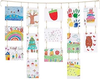 KLOGTSIND Kids Art Display Wall Decor, Wooden Beads Garland Frame Holder with 34 Clips for kids artwork, Photo, Wall Hanging Boho Room Bedroom Decor