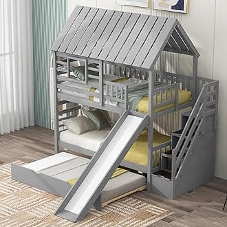 Harper & Bright Designs House Bunk Bed with Slide for Kids Boys Girls, Wood Twin Over Twin Bunk Bed with Trundle and Storage Stairs, No Box Spring Required, Space Saving, Gray