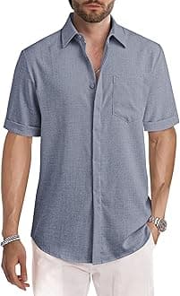 JMIERR Men's Linen Hawaiian Shirts Casual Button Down Short Sleeves Cotton Summer Beach Shirts Tropical Resort Soft Clothing, XL, Dirty Blue
