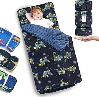 Primlect Thickened Toddler Nap Mat with Removable Pillow and Minky Blanket, Extra Large 55''x35'' Sleeping Bag, Washable, Roll up, Perfect for Daycare, Preschool, Kindergarten, Boys and Girls