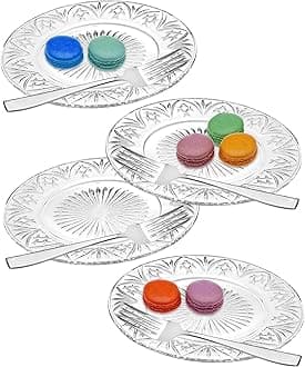 Godinger Dublin Dessert Plates and Forks, Appetizer & Salad Plates with Utensils - Set of Four - Clear Crystal, 7in