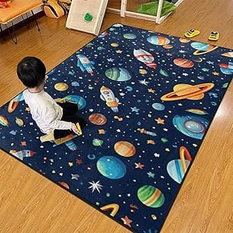 Kids Rug, Space Playmat Rugs - 5x7 Ft Kids Carpet with Rubber Backing, Colorful Cartoon Outer Space, Planet, Rocket, Spaceship Play Mat Nursery Rugs for Children Bedroom Playroom Living Room