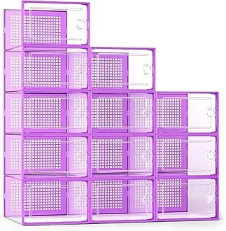 Kuject X-Large Shoe Storage Boxes Organizers for Closet 12 Pack, Fit Size 11,Clear Plastic Stackable Sneaker Containers for Entryway, Space Saving Shoe Rack Holder (Purple, 12 Packs)