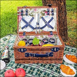 YAHOME 4 Person Hamper Basket Wicker Picnic Basket for 4, Handmade Willow Hamper Basket Picnic Backpack 4 Person Picnic Basket Hold Utensils Cutlery Perfect for Picnic, Camping Road Trip