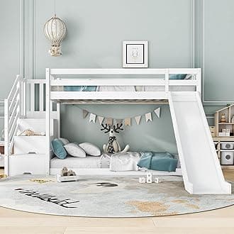 Bunk Bed with Stairs and Slide, Solid Pine Wood Frame, Children Bed with 2 Drawers in the Steps, Ideal for Any Room, 90x190cm, White【UK Fast Shippment】