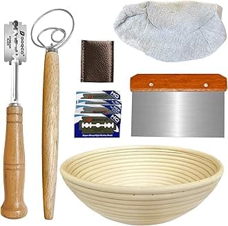 10inch Round Banneton Proofing Basket Set Bread Baking Kit, Dough Scraper, Bread Lame, Danish Dough Whisk Sourdough Proofing Basket Artisanal Bread Making Tools and Supplies Set (10inch round)