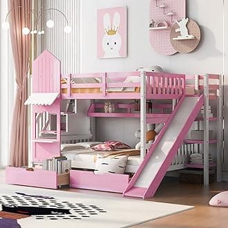 Full-Over-Full Castle Style Bunk Bed with 2 Drawers and 3 Shelves, Wooden Bed Frame with Safety Guardrail and Storage Staircase, House Bed with Slide (Pink-066)