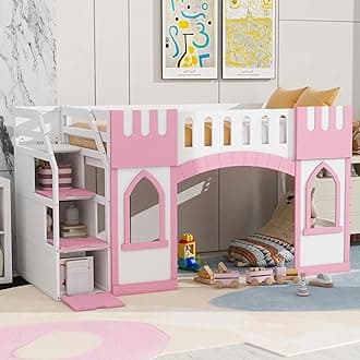 Playhouse Design Twin Size Loft Bed with Storage Staircase and Windows, Solid Wood Loft Bed Frame with Safety Guardrail for Kids Teens Boys Girls, Space-Saving (Pink-3)