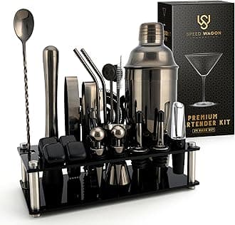 Mixology Bartender Kit – 24 Piece Gun Metal Cocktail Shaker Set w/Stand – Essential Home Bar Accessories Martini Shaker, Jigger, Muddler, Chilling Cubes & More