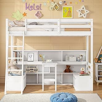 Okak Twin Size Loft Bed, Toddler Kids Loft Bed with Desk and Storage, Wood Beds Frames with Shelves, Drawers, Seat for Girls or Boys Room, White