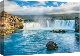 wall26 Framed Canvas Print Wall Art Aerial View of Icelandic Waterfall Nature Wilderness Photography Realism Chic Scenic Rustic Ultra for Living Room, Bedroom, Office - 16"x24"