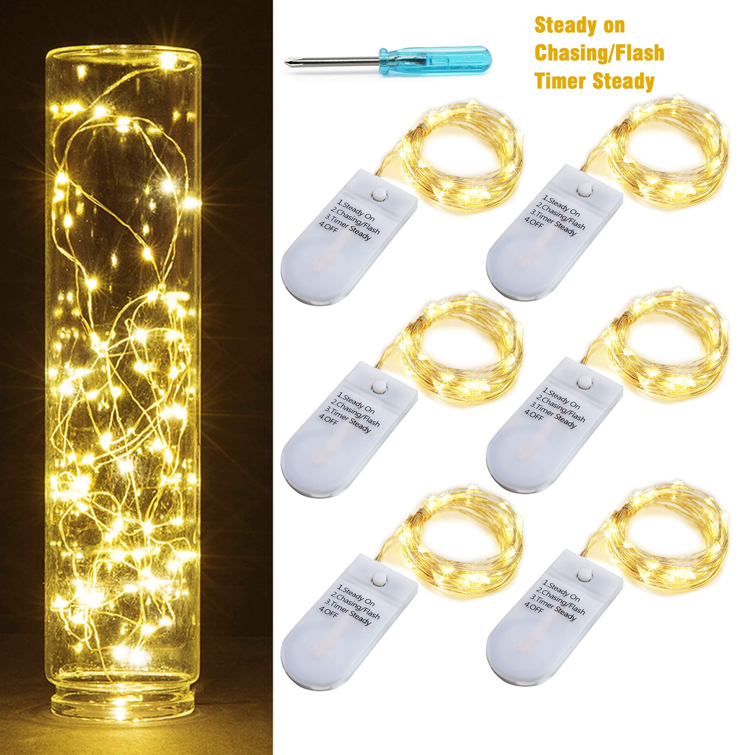 6PCS Timer Fairy Lights 3 Modes Twinkle Lights 20 LED Starry String Lights on 6.5ft Silver Wire,Fairy Lights Battery Powered 2xCR2032-4Days(6hour per day) Party,Wedding,Christmas Tabel Decor,WarmWhite