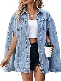 Angsuttc Denim Jacket for Women Poncho Cape Style Jean Jackets Loose Outerwear