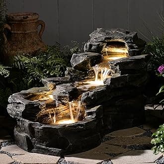 37" L Garden Outdoor Water Fountain, Floor Standing 5-Tiers Rock Natural Waterfall Outdoor Fountains with LED Lights for Patio, Porch, Home Art Decor