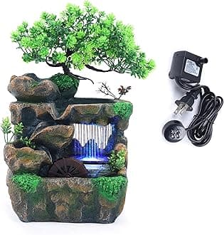 11.81" Tabletop Rockery Fountain Indoor Waterfall Bonsai Desktop Mini Rockery Water Fountain with Automatic Pump and LED Light, Home Office Bedroom Humidifier Desk Decorate