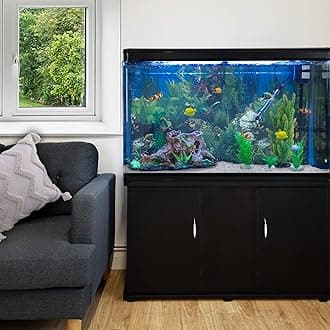 MonsterShop Large Fish Tank Black 4ft 300L 65 Gal Aquarium Marine Tropical Saltwater Freshwater. Black Cabinet Storage Stand. White Gravel. Filter Air Pump Heater LED Light Tank Accessories…